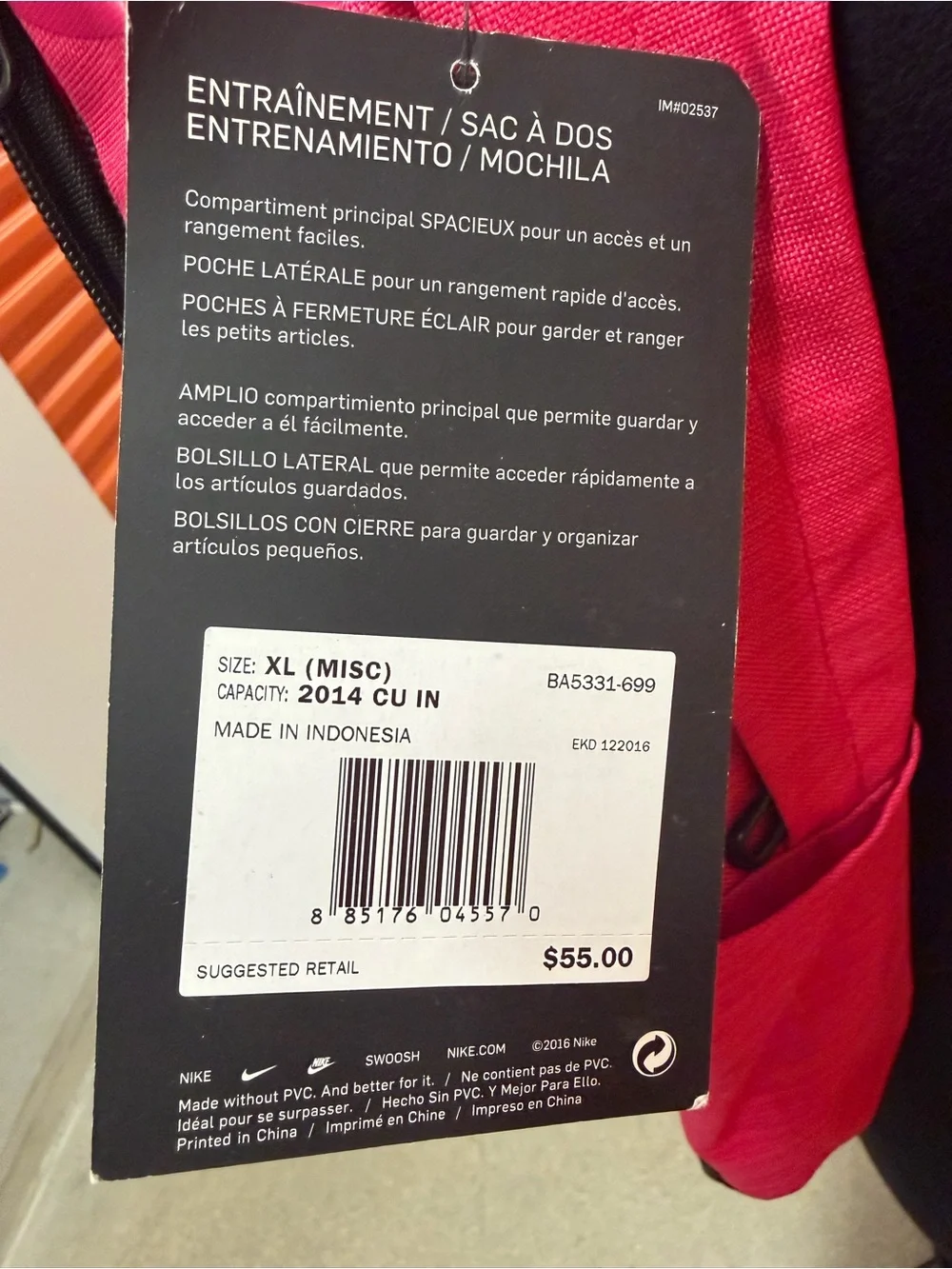 NWT Nike Brasilia Hot Pink Backpack with White Swoosh